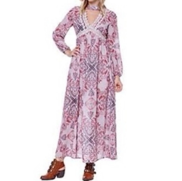 CCO⬇️ Skylar and Jade pink floral boho long sleeve maxi dress, crochet trim - Picture 1 of 15